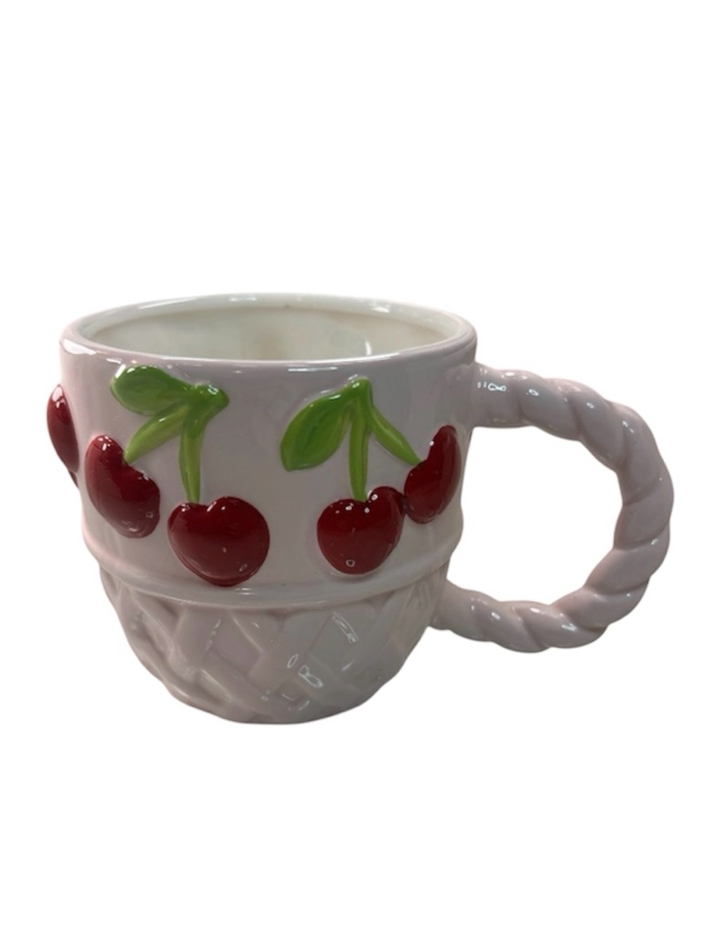 Seeds & Sunshine Cherry Mug Basketweave 3D Embossed Cottagecore Ceramic Fruit